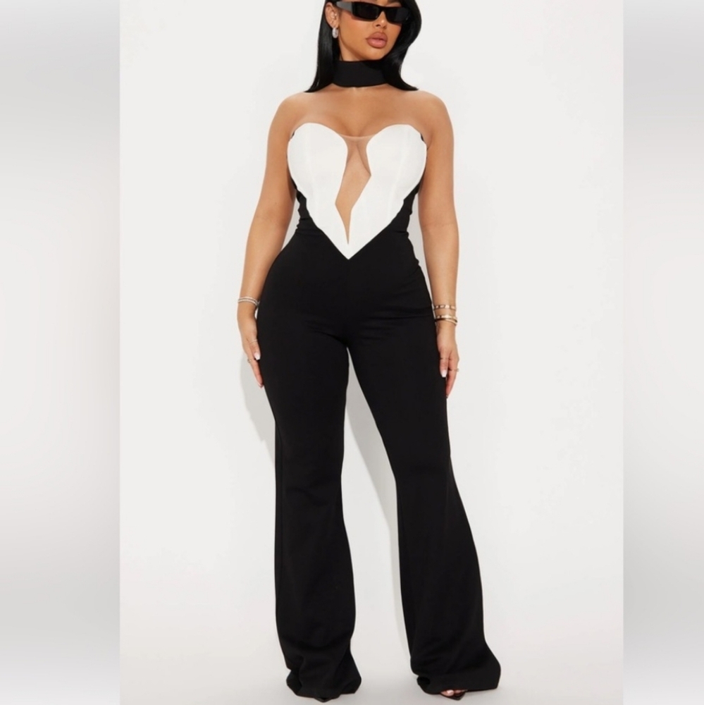 Black and White Jumpsuit with Plunging V-neckline